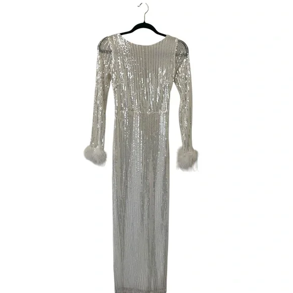 Camila Coelho x Revolve Formal White w/Sequin Long Sleeve Dress w/Feathers  XS